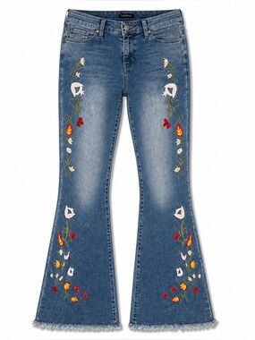 Flamingo Embroidered Flare Jeans Size M Fits 8 Raw Hem Hippie Festival Pants